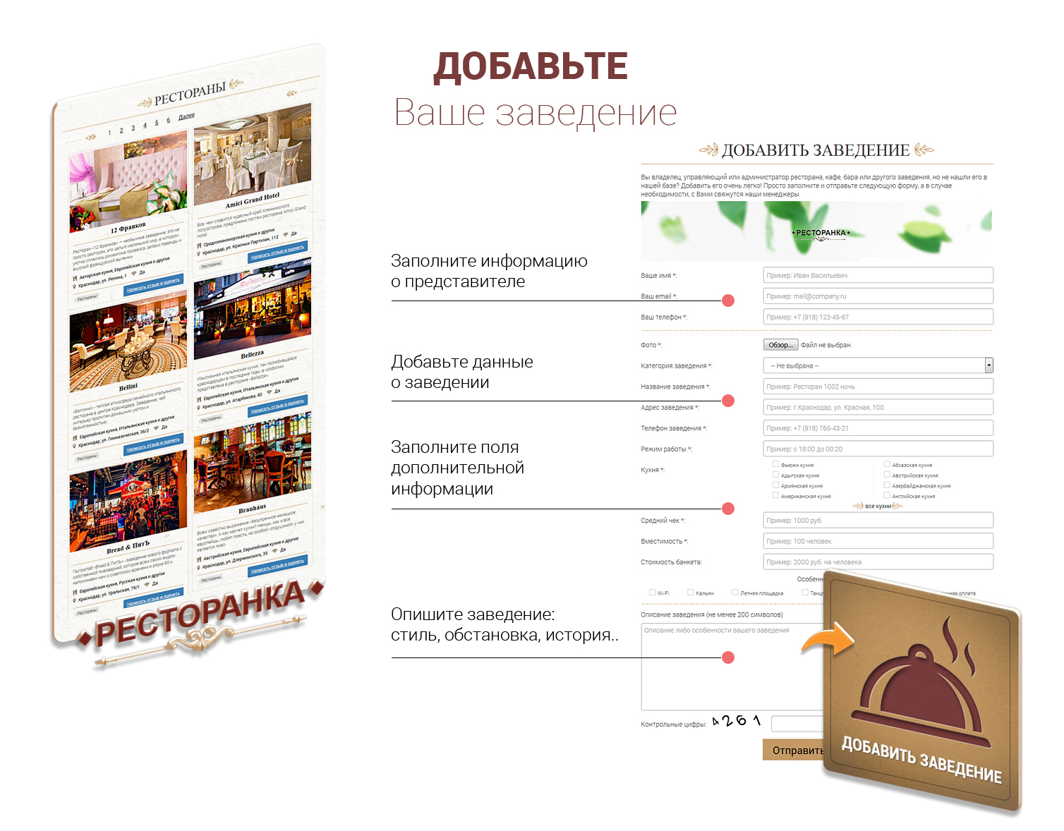 Регистрация ресторана в каталоге Ресторанка.ру. Добавить ресторан меню на афишу, разместить ресторан в рейтинг заведений